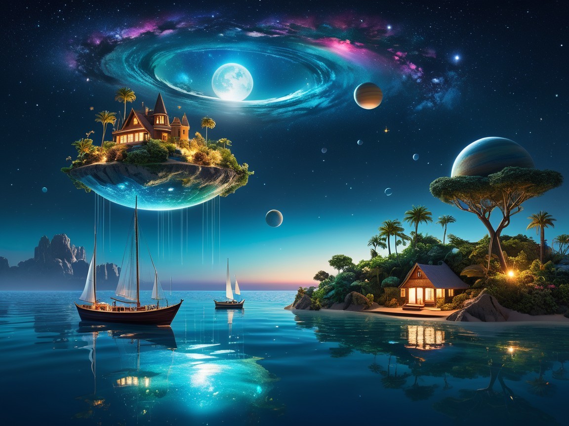 Surreal Landscape with Floating Island and Castle