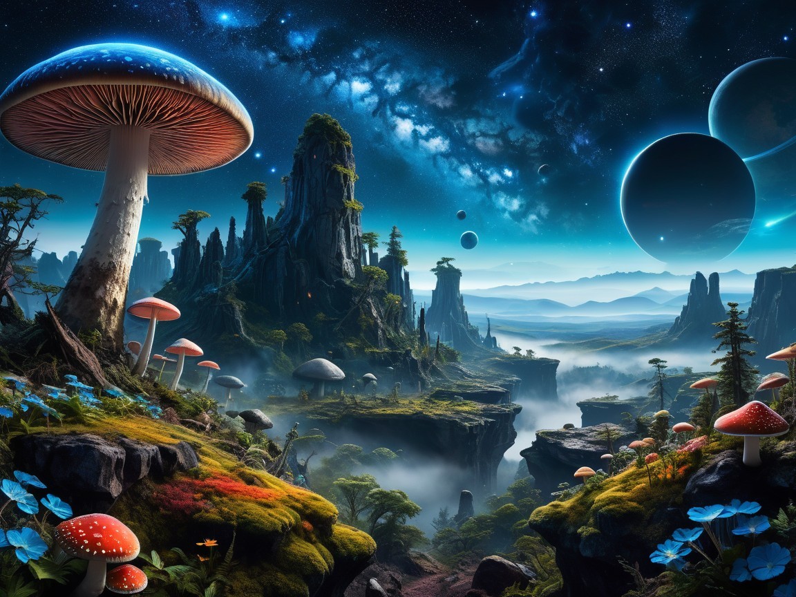 Alien Landscape with Colorful Mushrooms and Stars