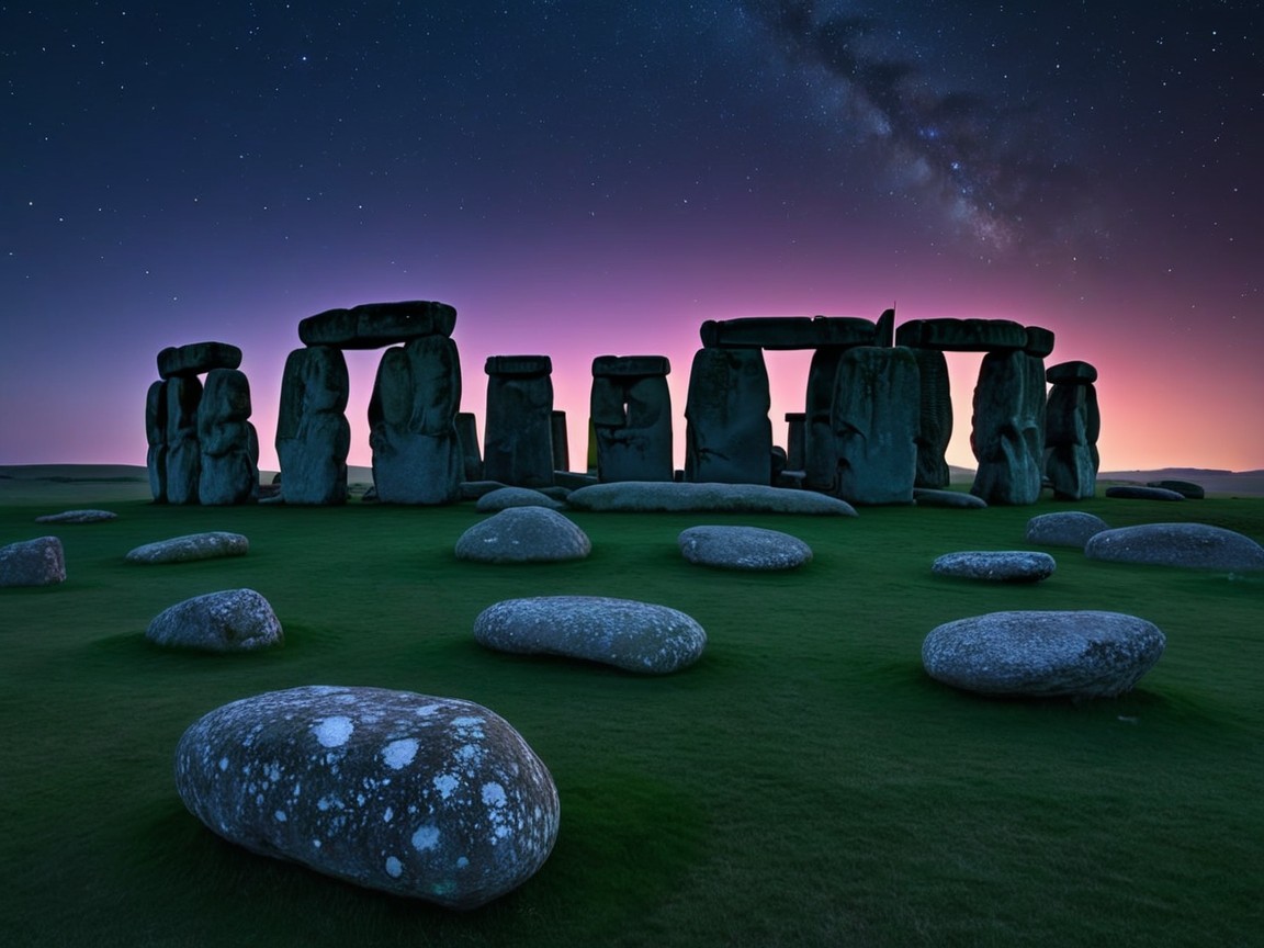 Stonehenge at Twilight with Stars and Green Grass