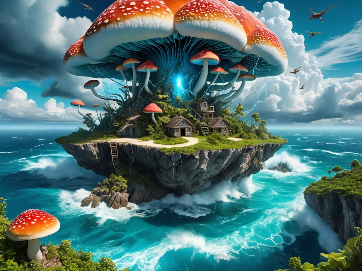 Fantastical Island with Vibrant Mushrooms and Cottages