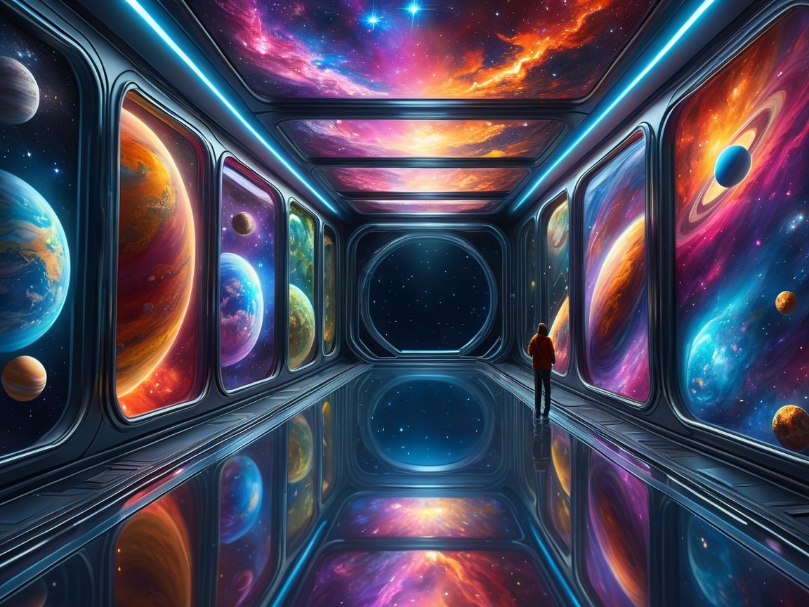 Futuristic hallway with cosmic views and sleek design