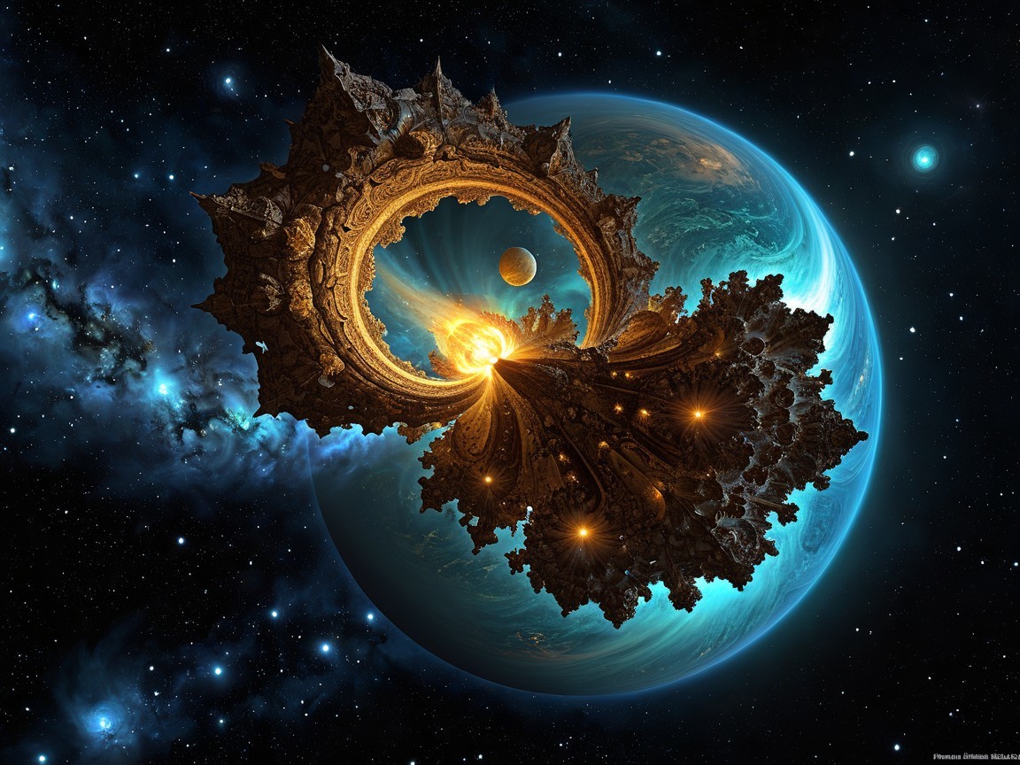 Vibrant Cosmic Scene with Blue Planet and Fractal Structure