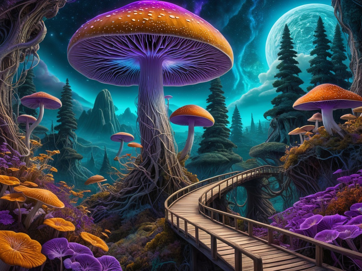 Vibrant Otherworldly Landscape with Giant Mushrooms