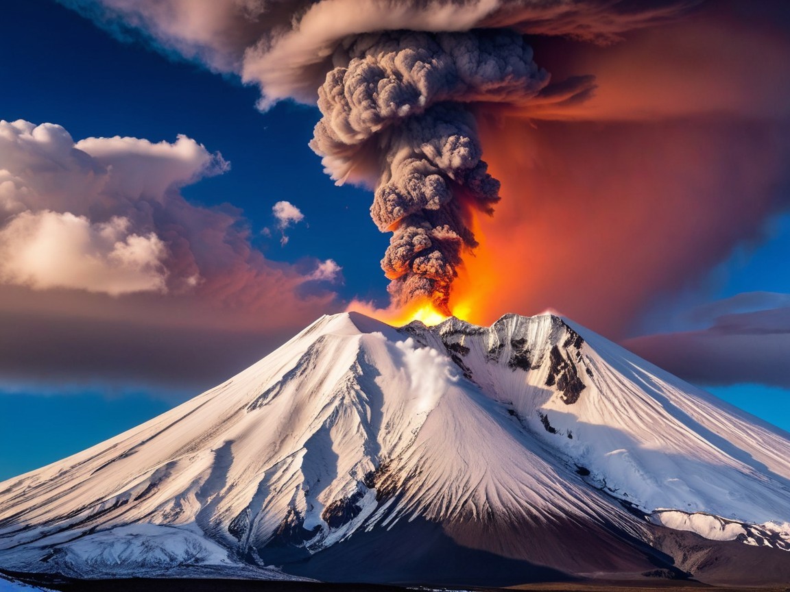 Dramatic Volcanic Eruption at Sunset with Ash and Smoke