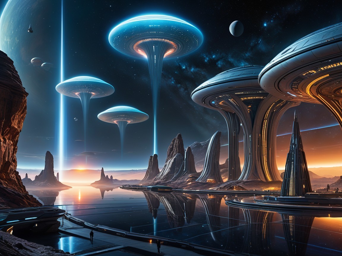 Futuristic landscape with glowing structures and cosmic sky