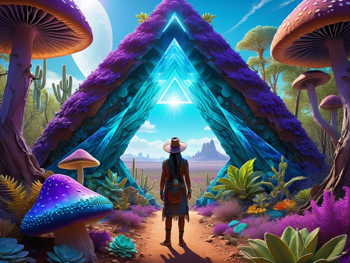 Surreal Landscape with Luminous Triangular Portal