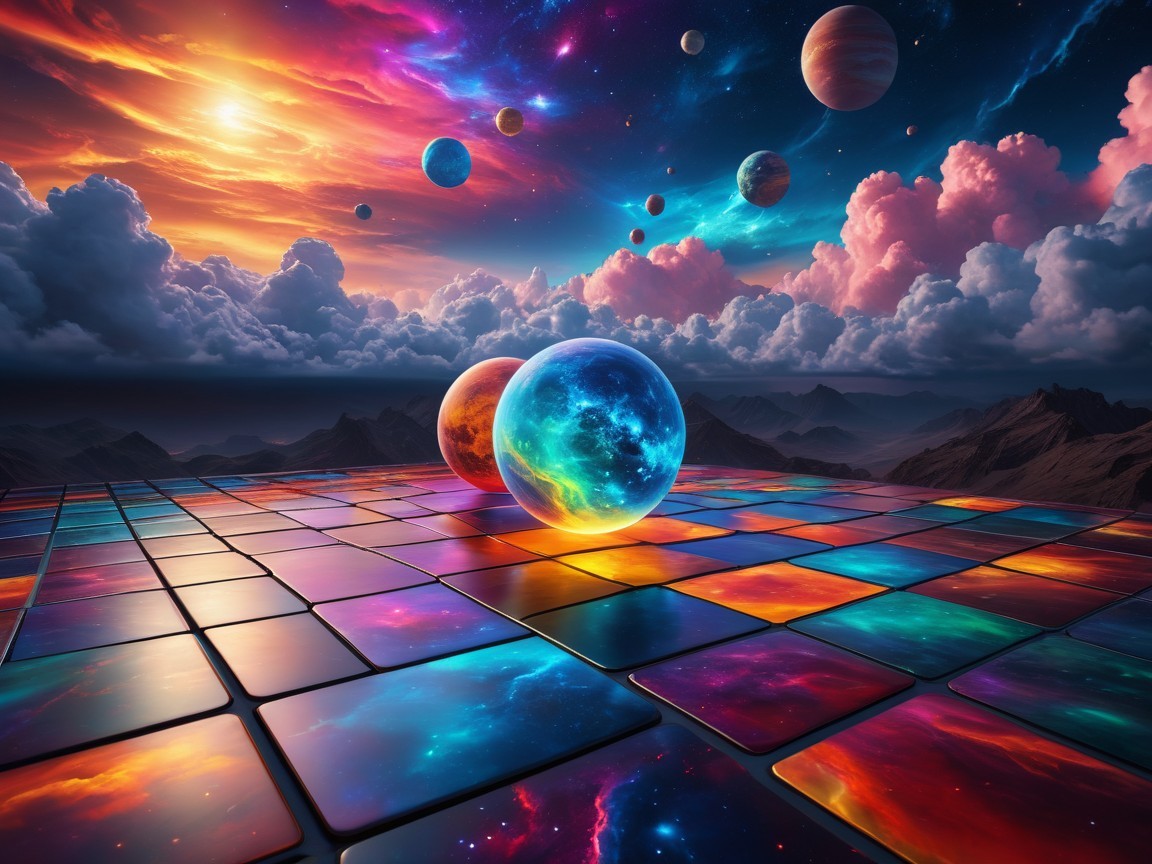 Surreal Cosmic Landscape with Vibrant Colors and Planets