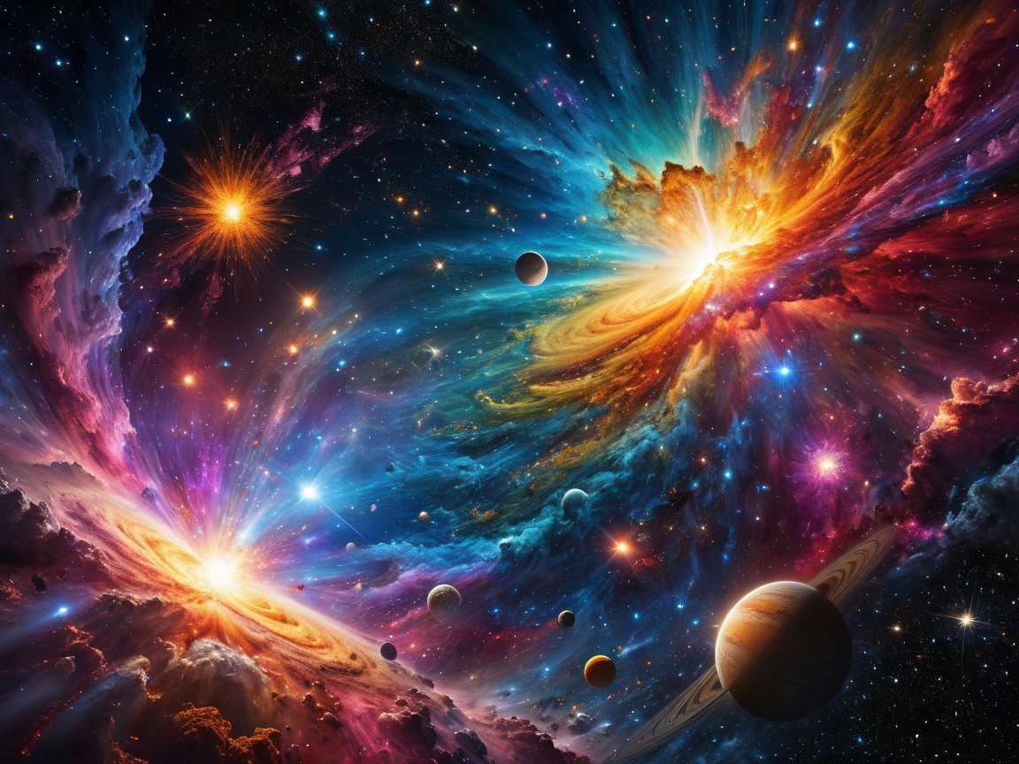 Vibrant Cosmic Scene with Nebulae and Planets