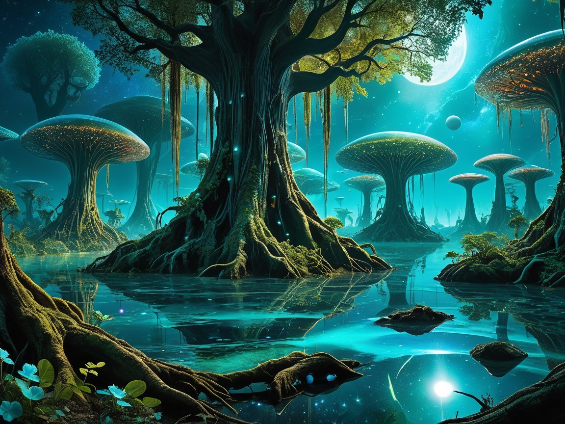 Tranquil Alien Landscape with Bioluminescent Trees