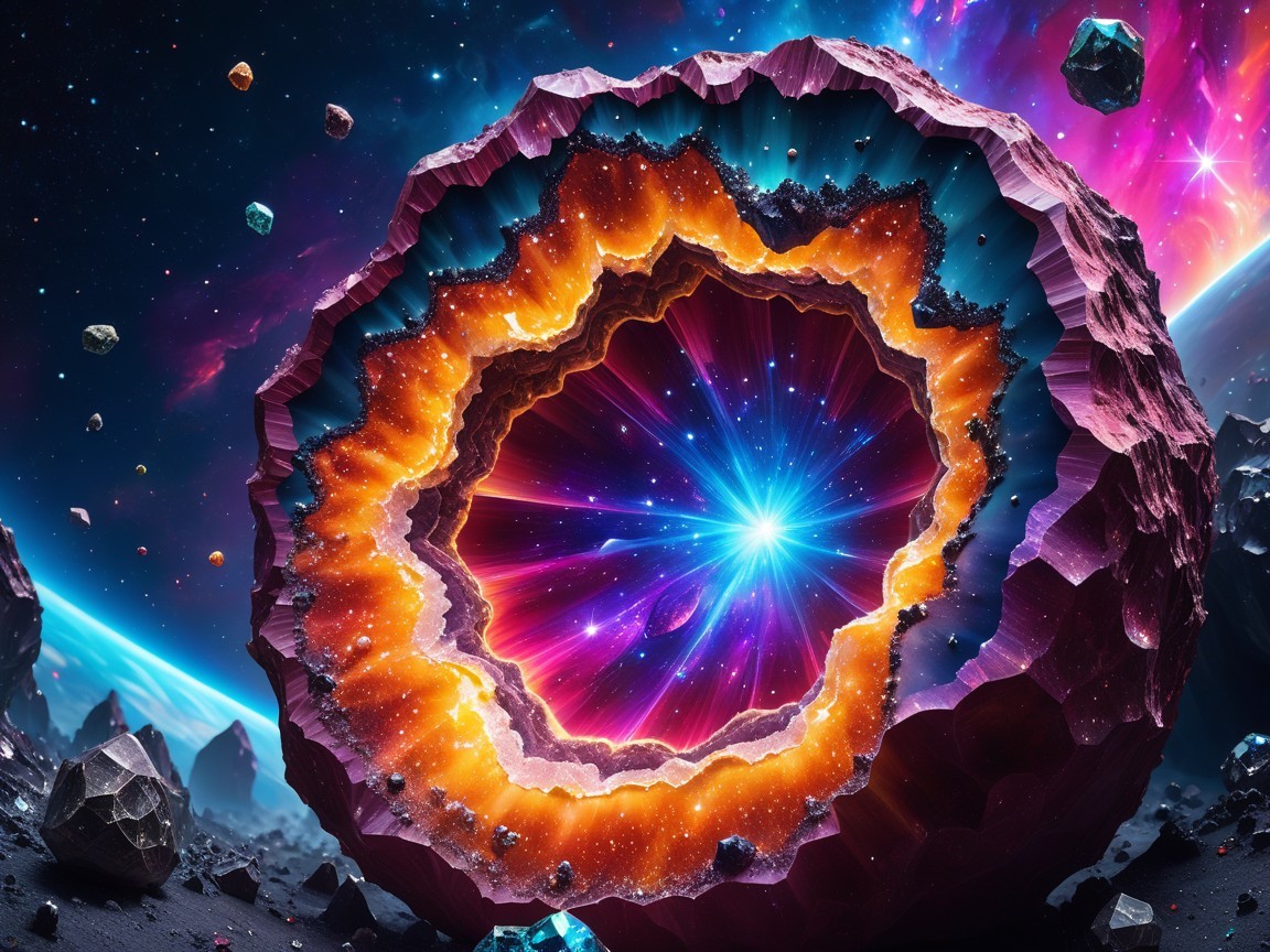 Cosmic Scene with Textured Rock Formation and Energy Bursts