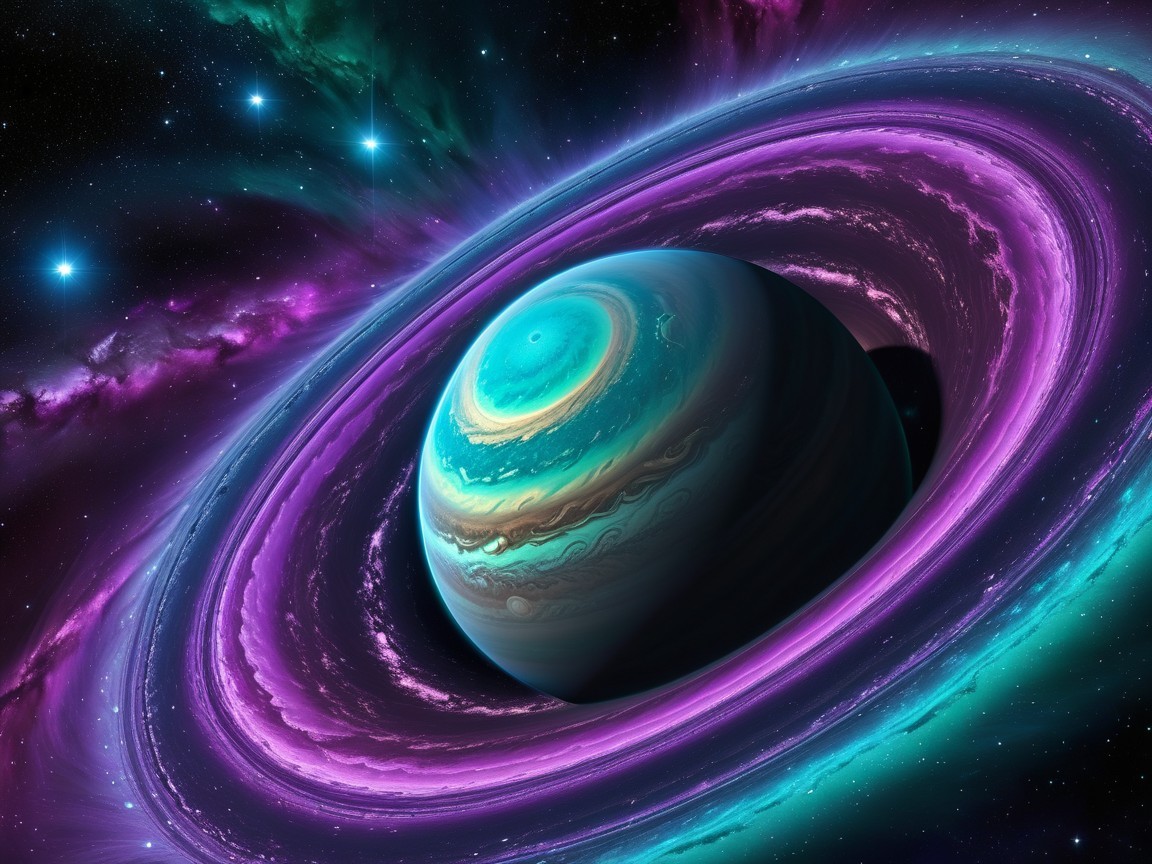 Cosmic Scene of a Planet with Vibrant Rings and Stars