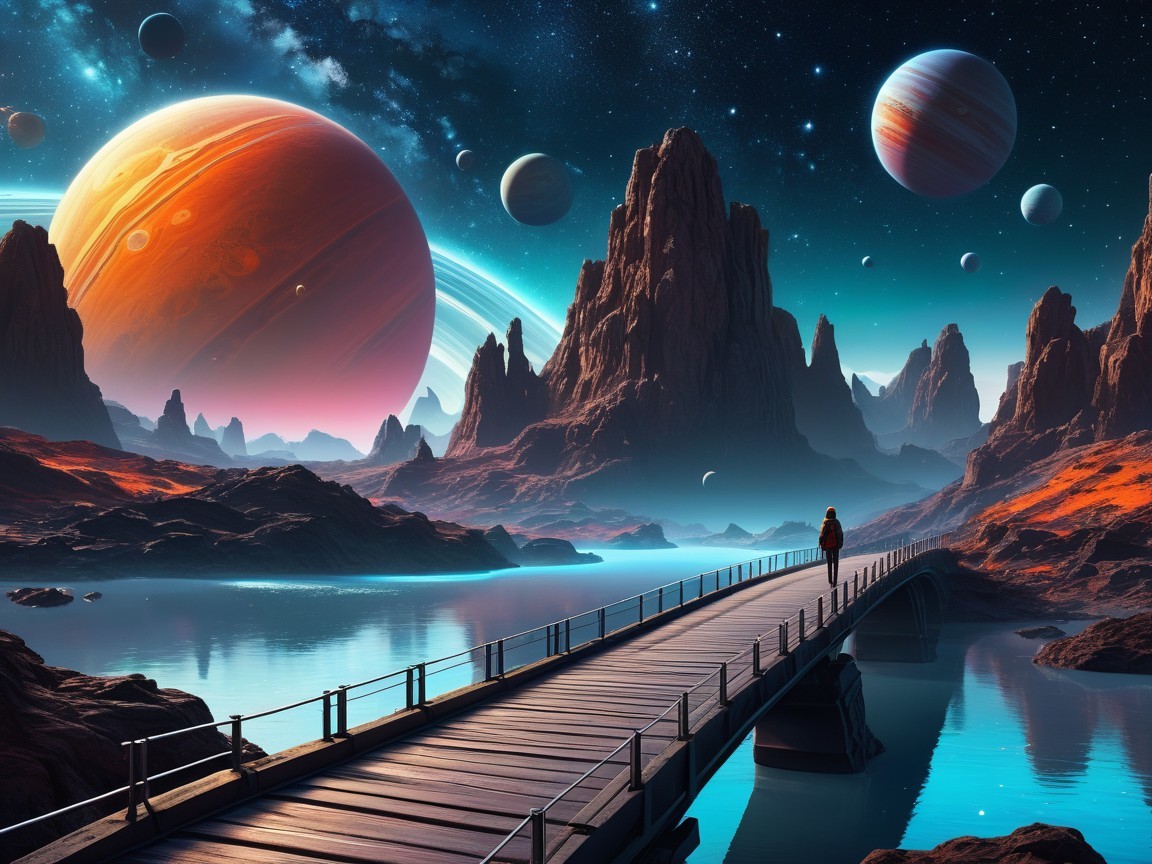 Surreal Alien Landscape with Mountains and Water