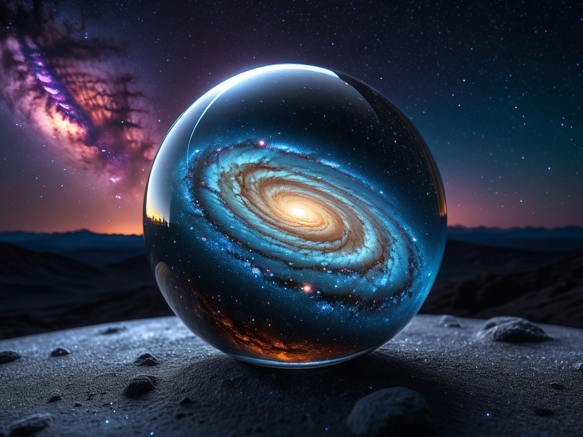 Crystal Orb on Moon Surface Reflecting Spiral Galaxy