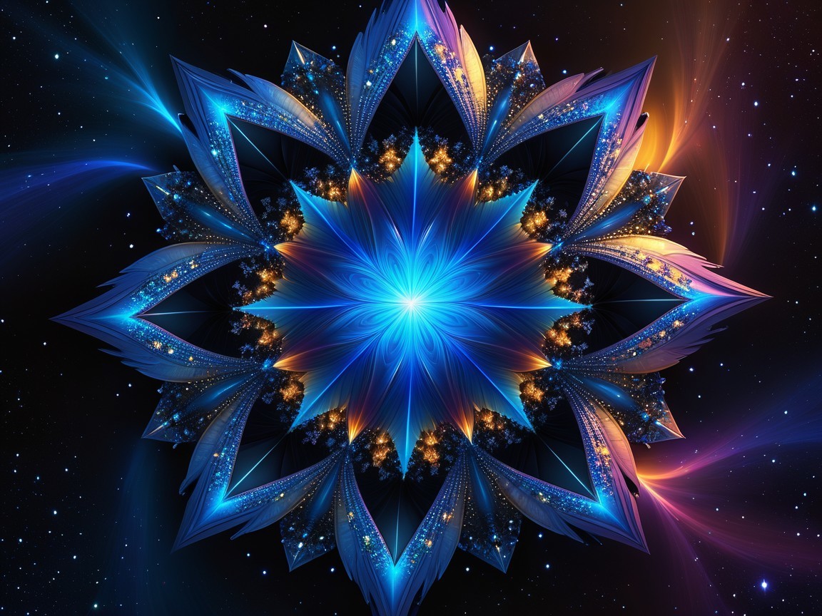 Vibrant mandala in blue, gold, and orange hues