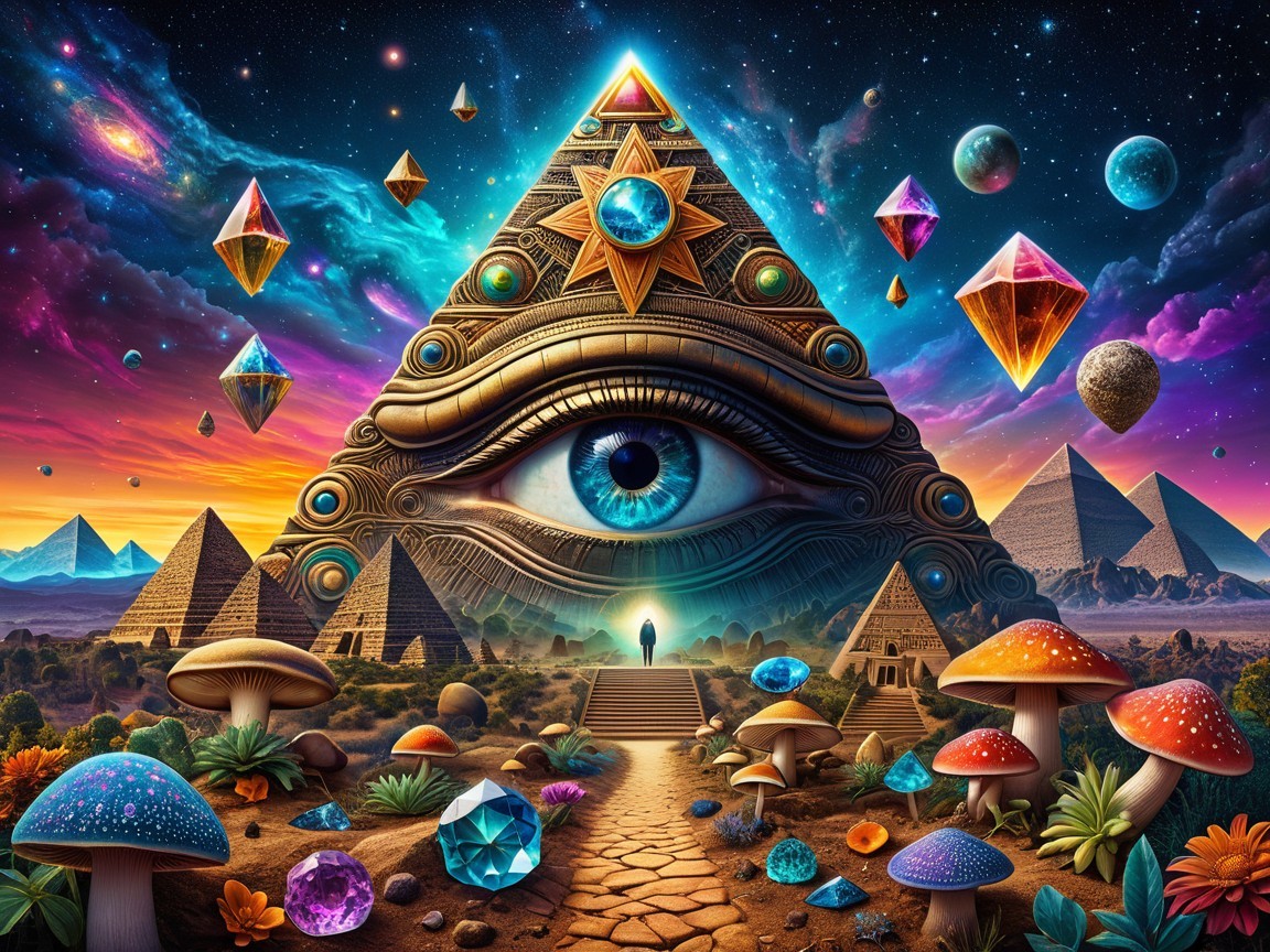 Surreal Pyramid Scene with Cosmic Eye and Crystals