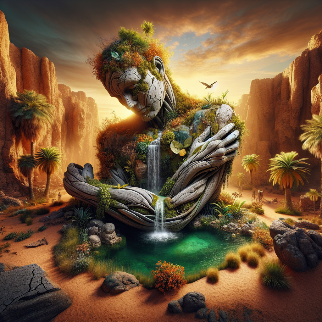 Colossal Green Figure with Waterfalls in Desert Landscape