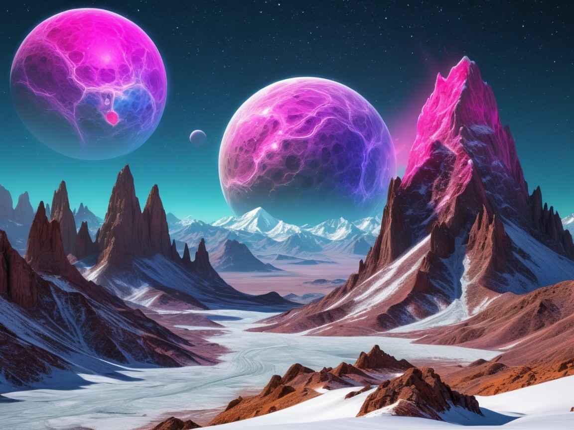 Alien Landscape with Jagged Mountains and Celestial Bodies