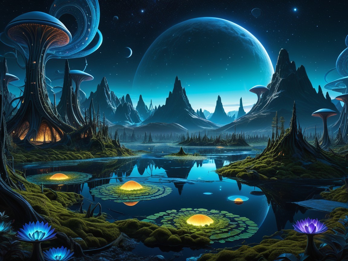 Surreal Alien Landscape with Mountains and Lakes