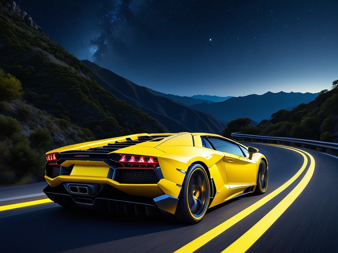 Sleek Yellow Sports Car on Mountain Road at Night