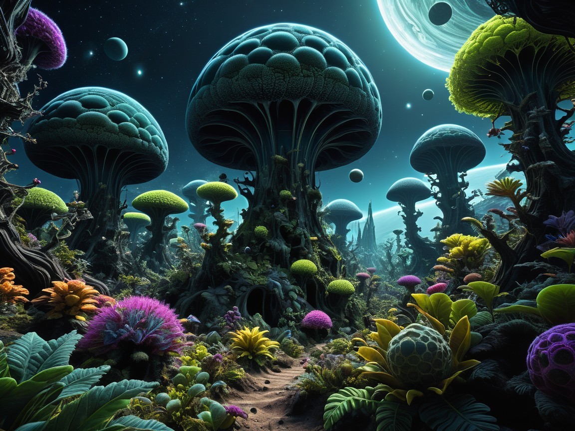 Surreal Alien Landscape with Luminescent Flora
