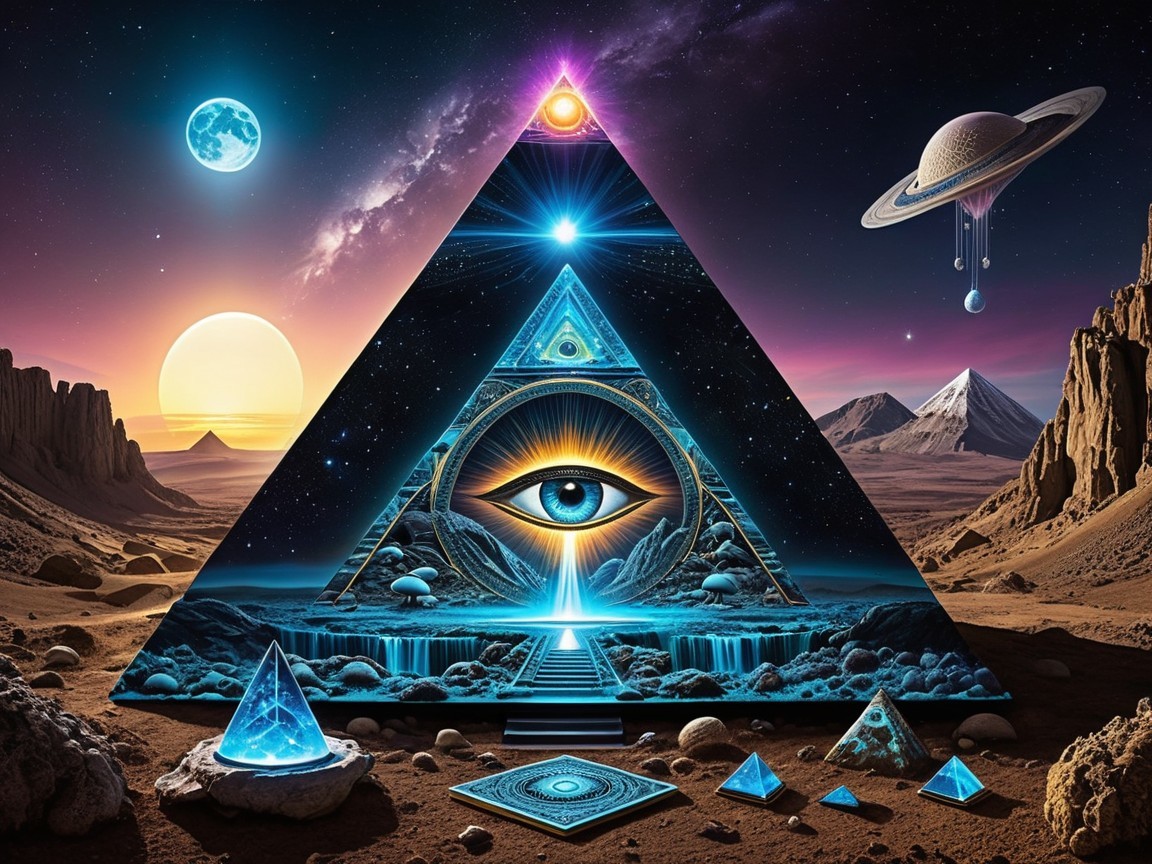 Cosmic Landscape with Pyramid and Celestial Bodies