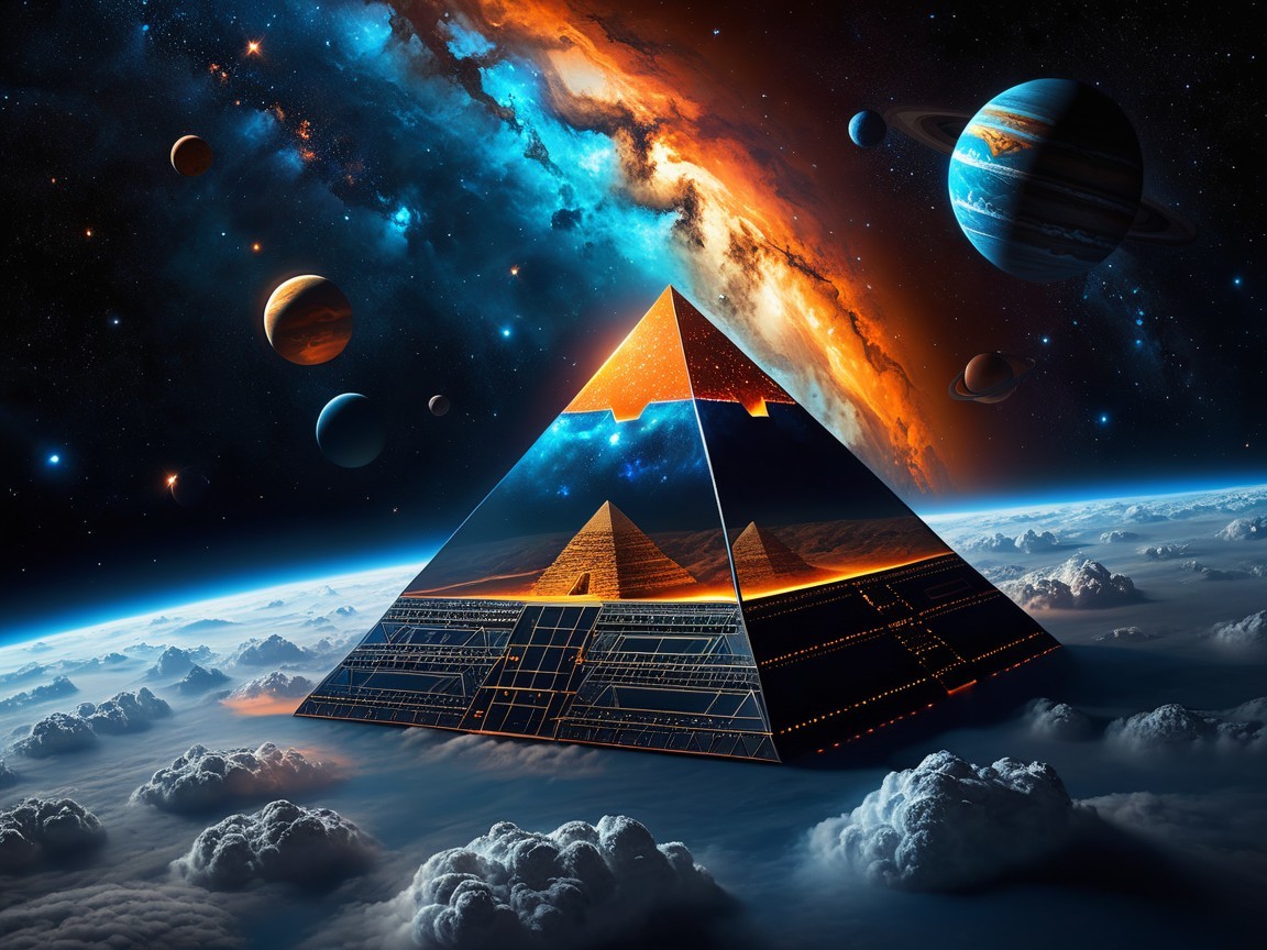 Glowing Pyramid Above Colorful Cosmic Clouds and Stars