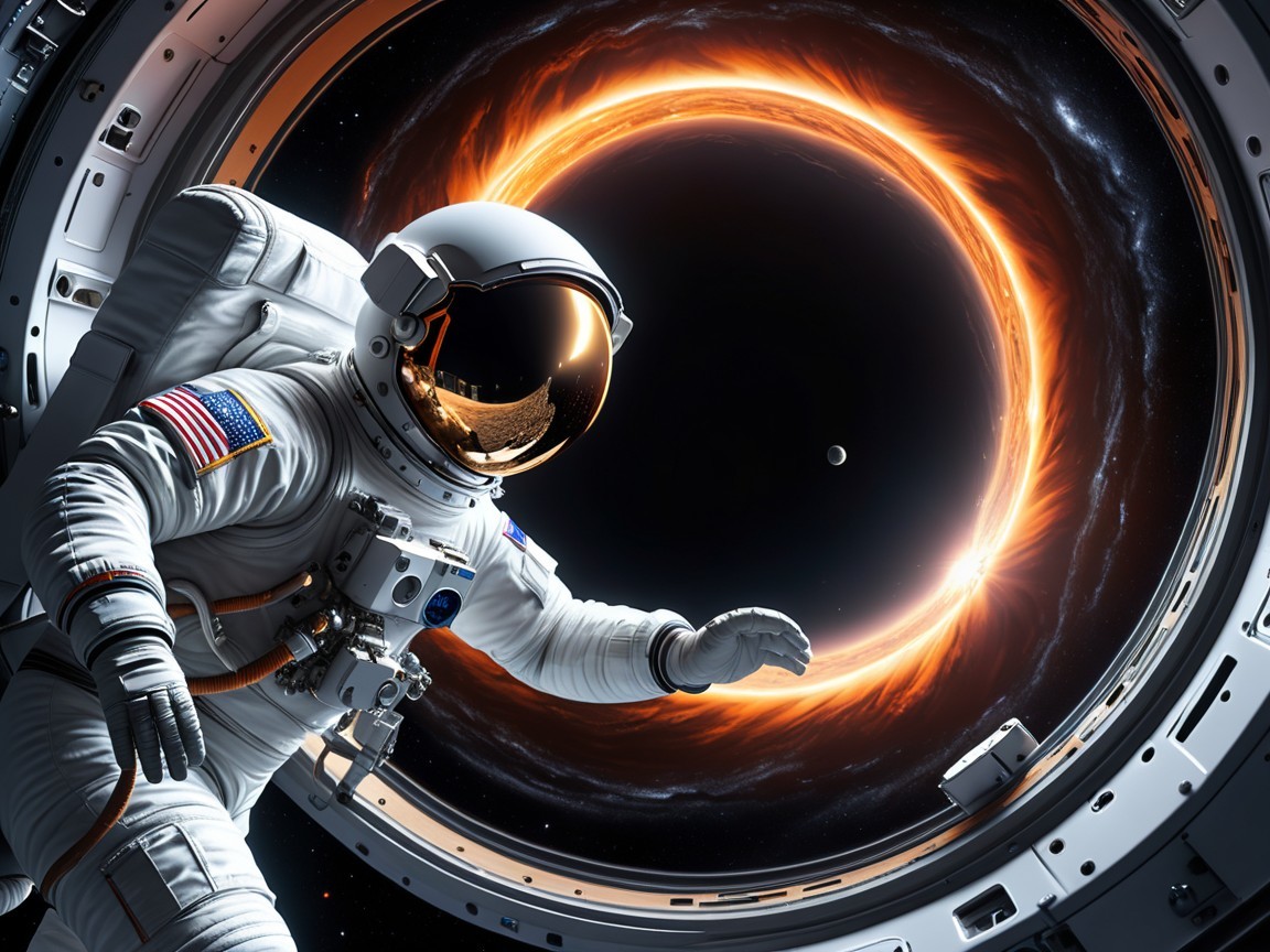 Astronaut Observing Black Hole and Planet in Space