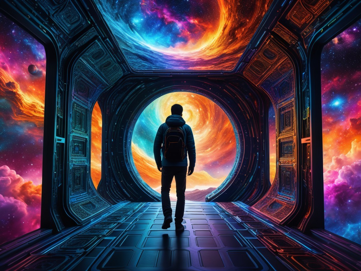 Futuristic Corridor with Cosmic Portal and Nebula Scene