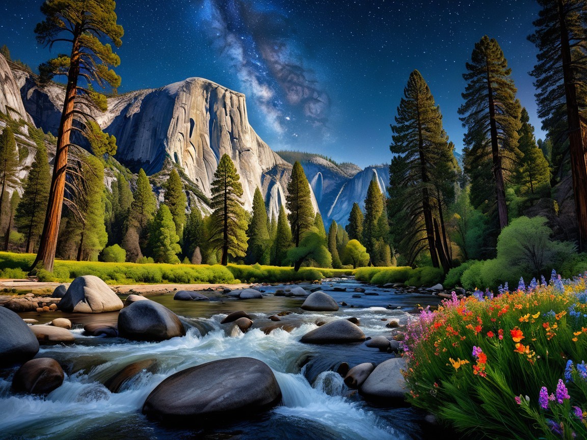 Serene landscape with river, wildflowers, and stars