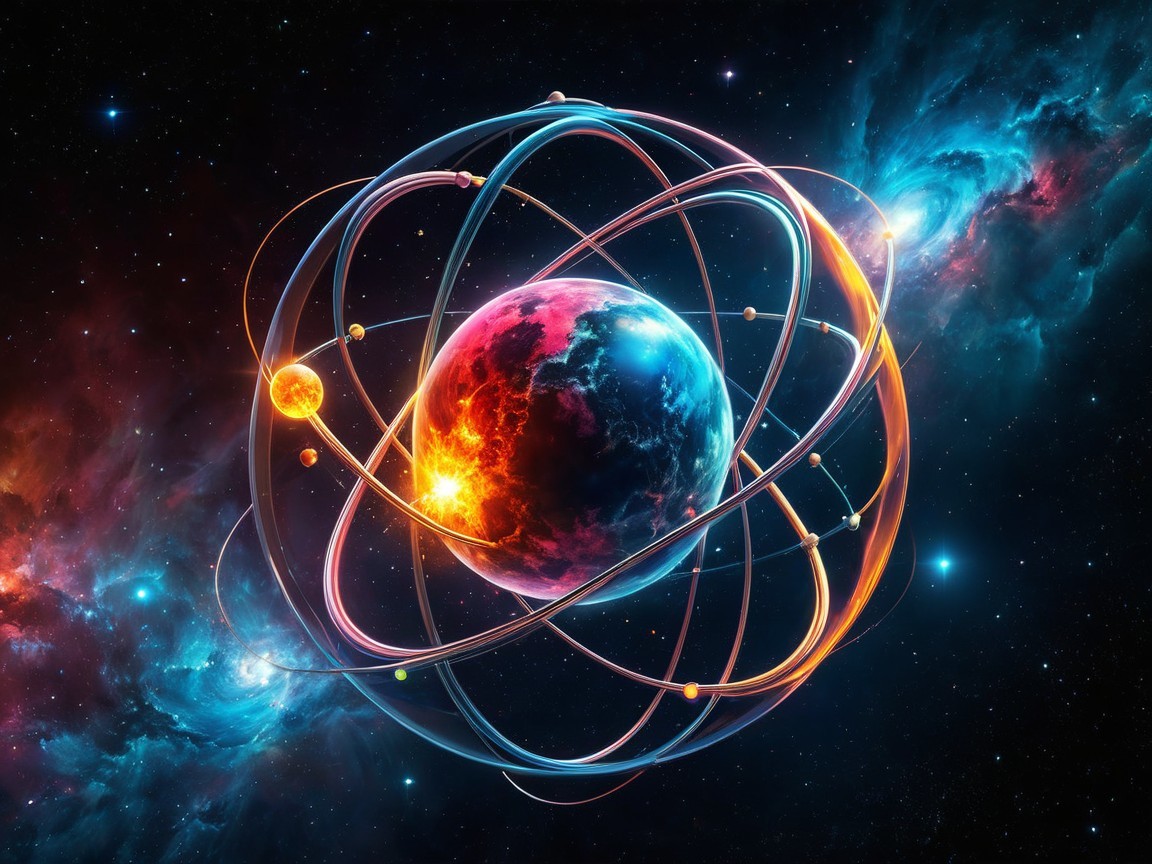 Earth at the center of a swirling atomic model depiction