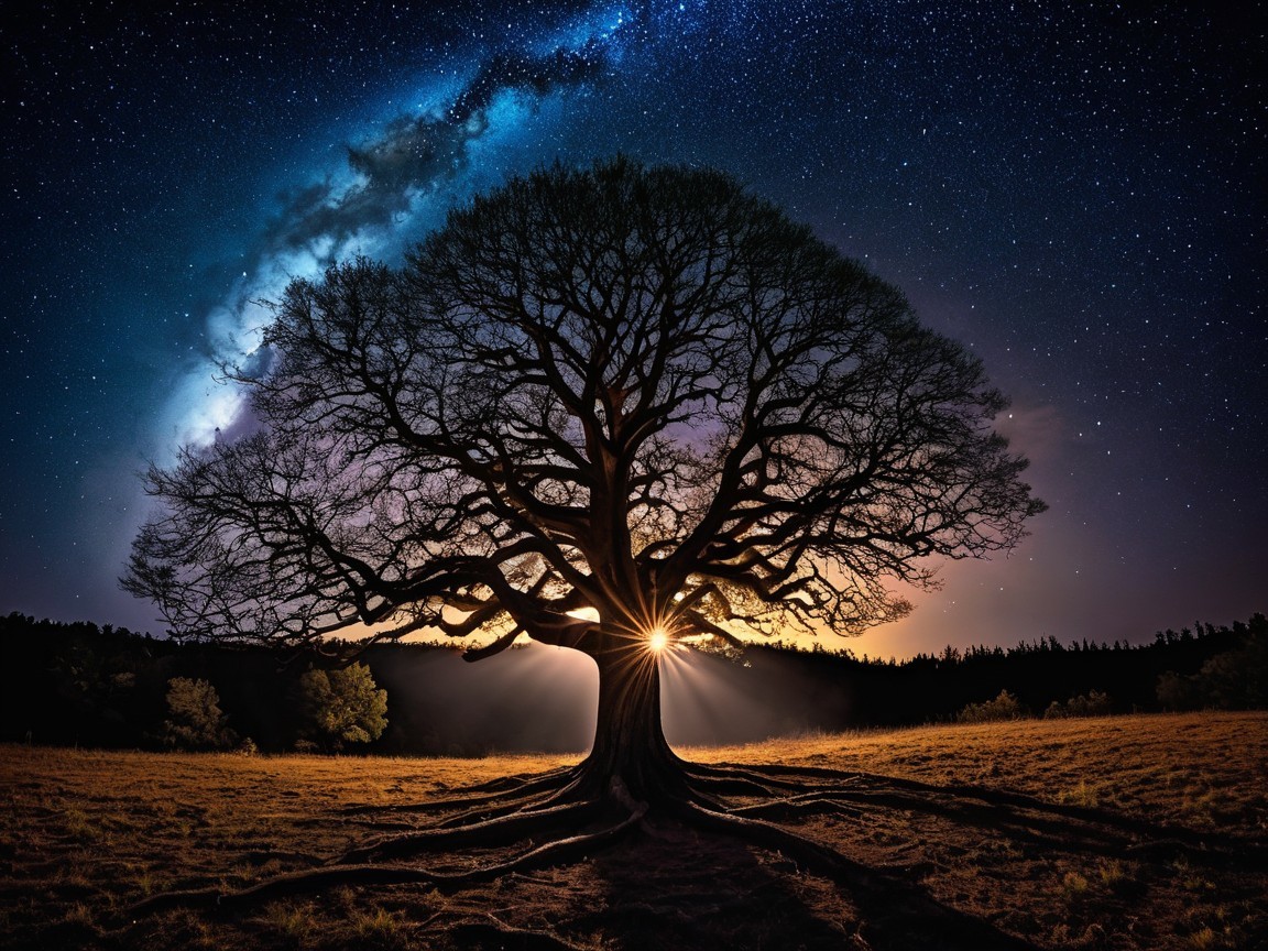 Majestic Tree Silhouetted Against Starry Sky