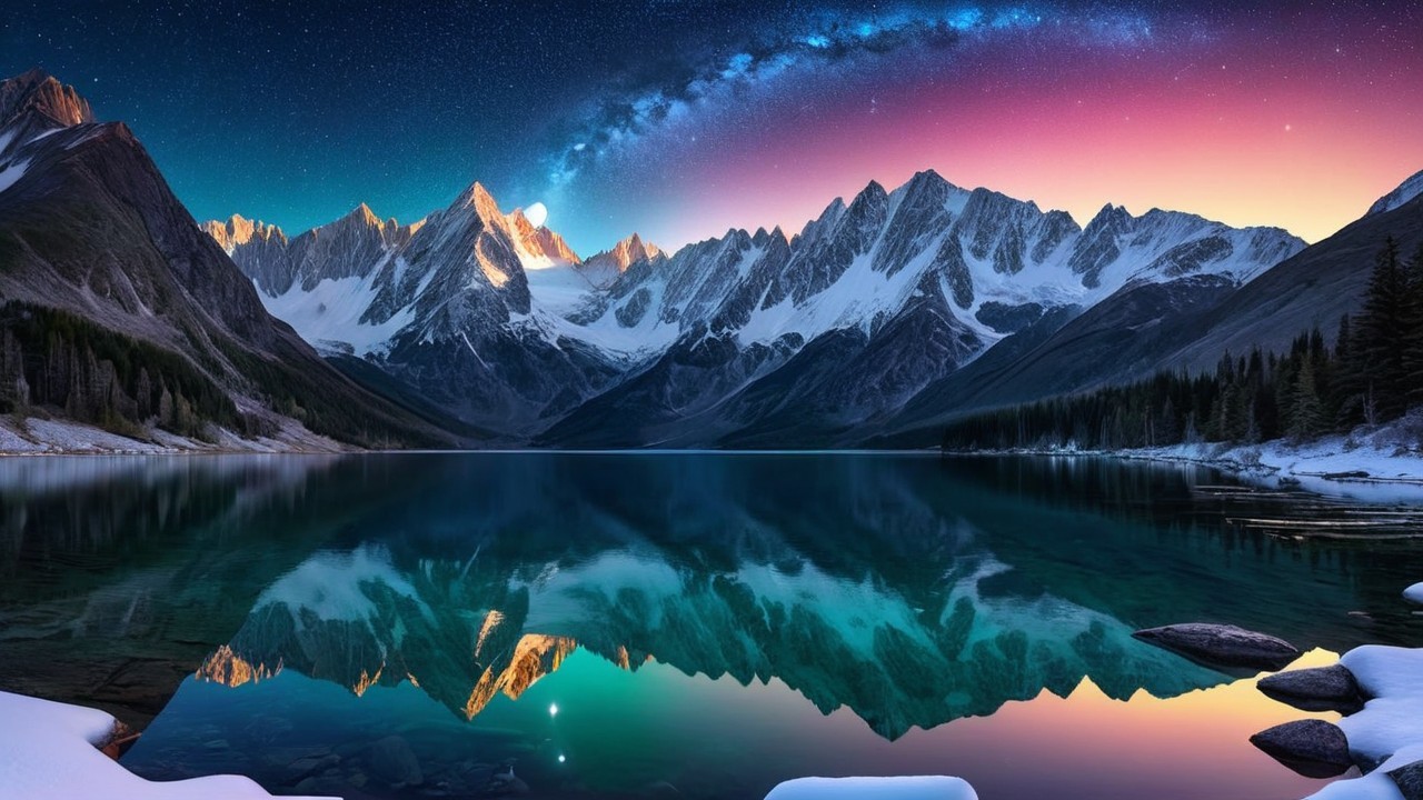 Mountain Landscape at Twilight with Stars and Lake