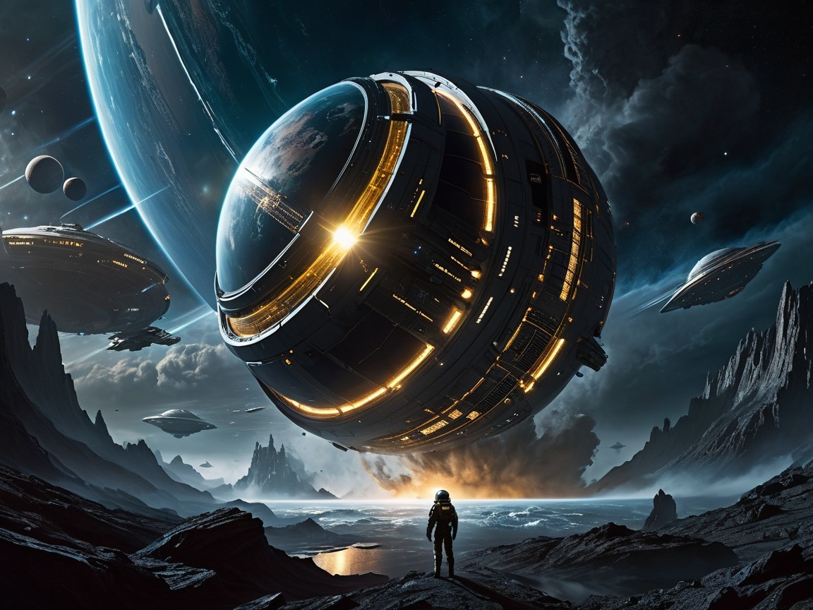 Futuristic scene of astronaut on rocky terrain with space station