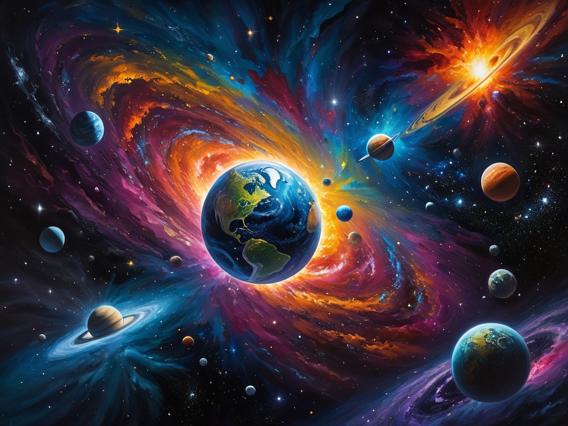 Vibrant Cosmic Scene with Galaxy and Earth Displayed