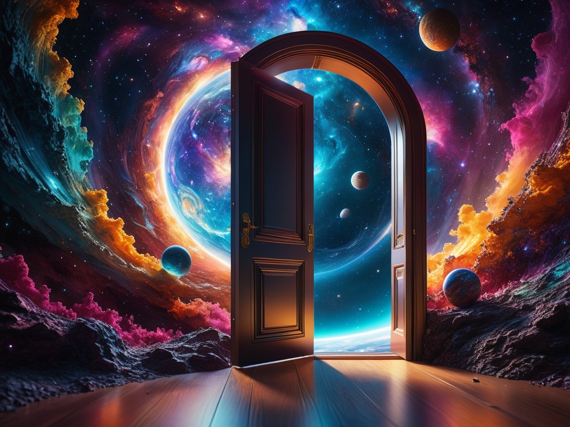 Wooden Door Open to Vibrant Cosmic Landscape