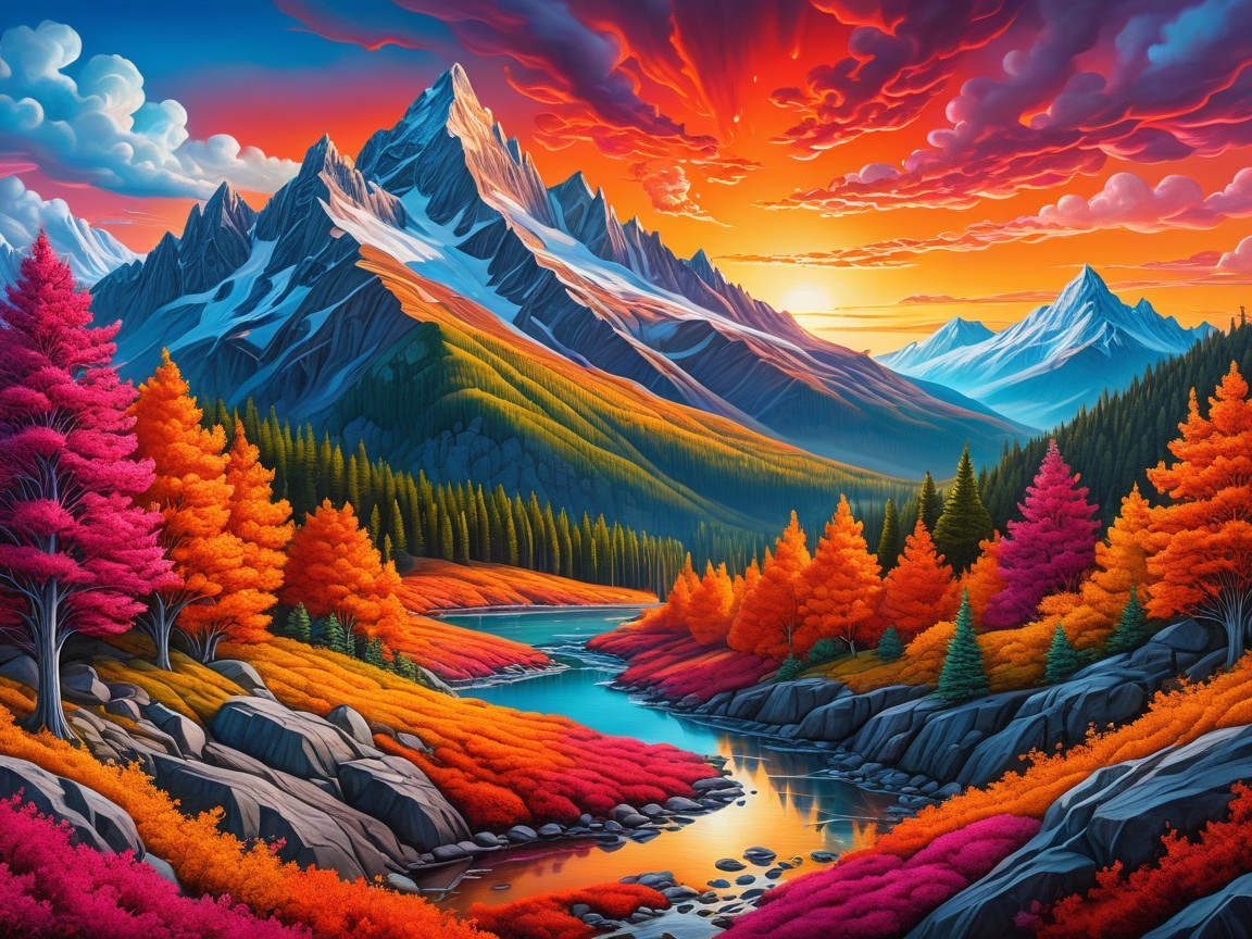 Vibrant Mountain Landscape at Sunset with Lush Forests