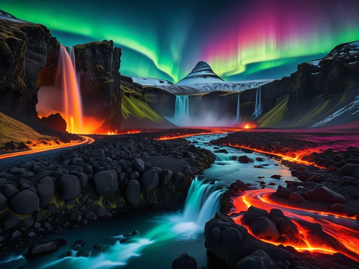 Cascading Waterfalls and Lava Rivers Under Northern Lights