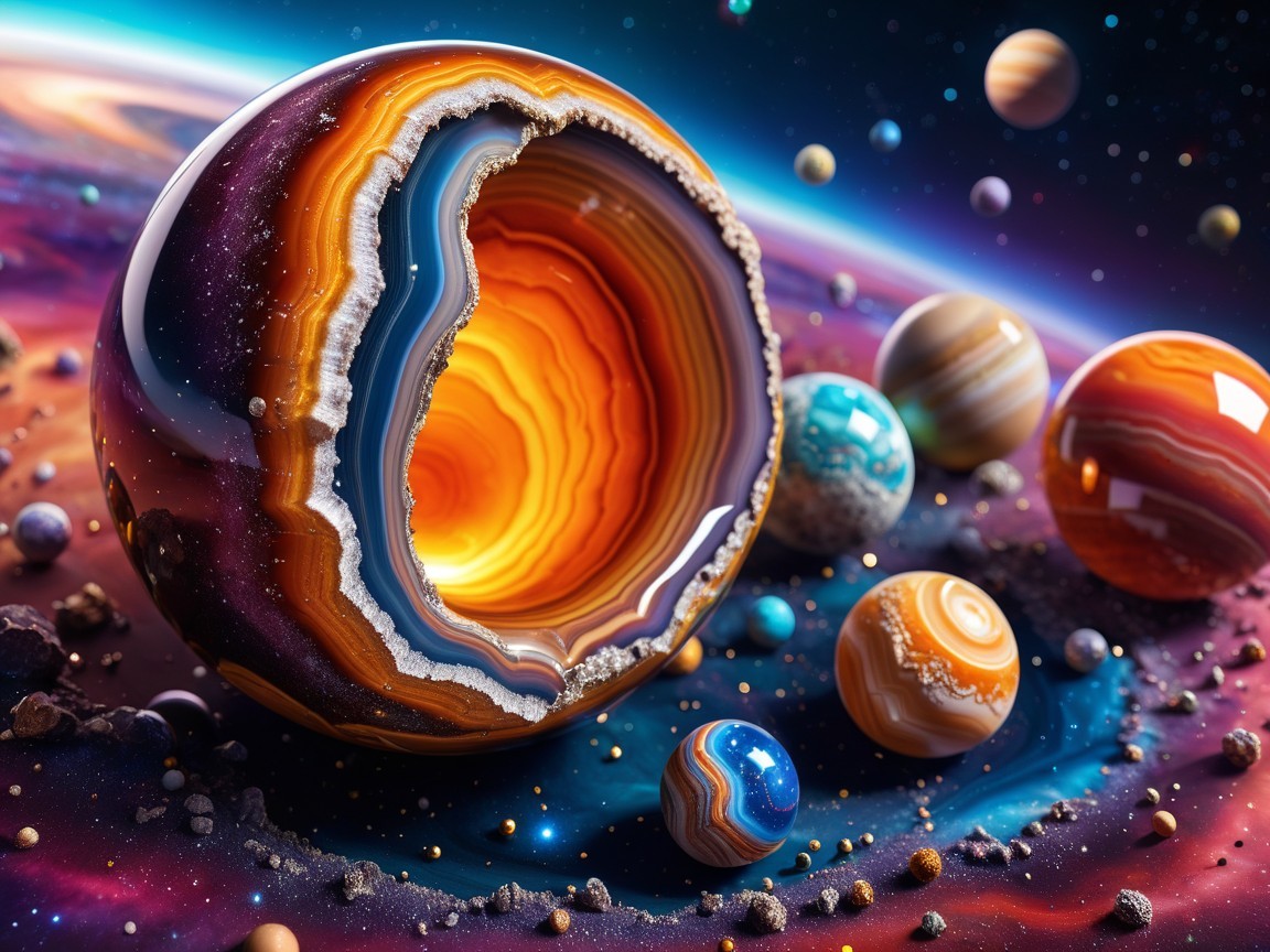 Vibrant Cosmic Scene with Agate-Like Planet and Stars