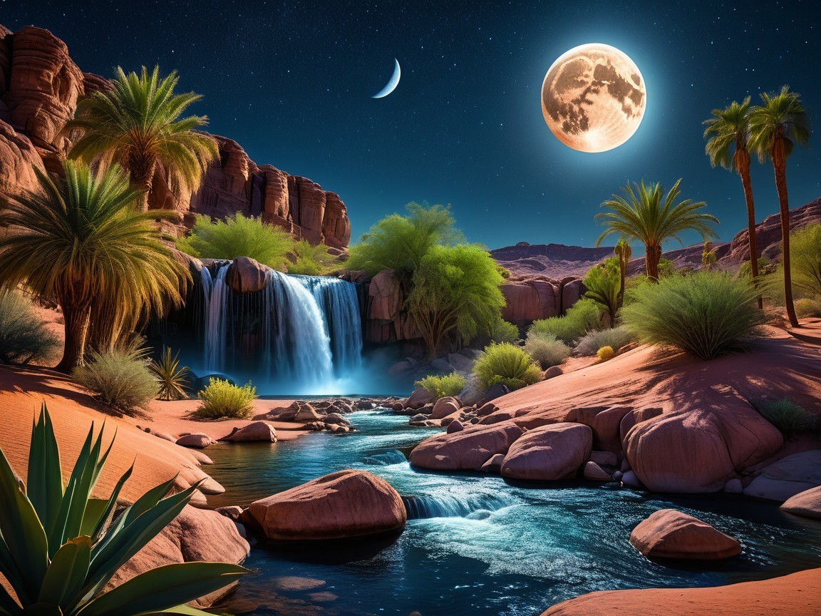 Desert Oasis with Waterfall and Moonlit Sky