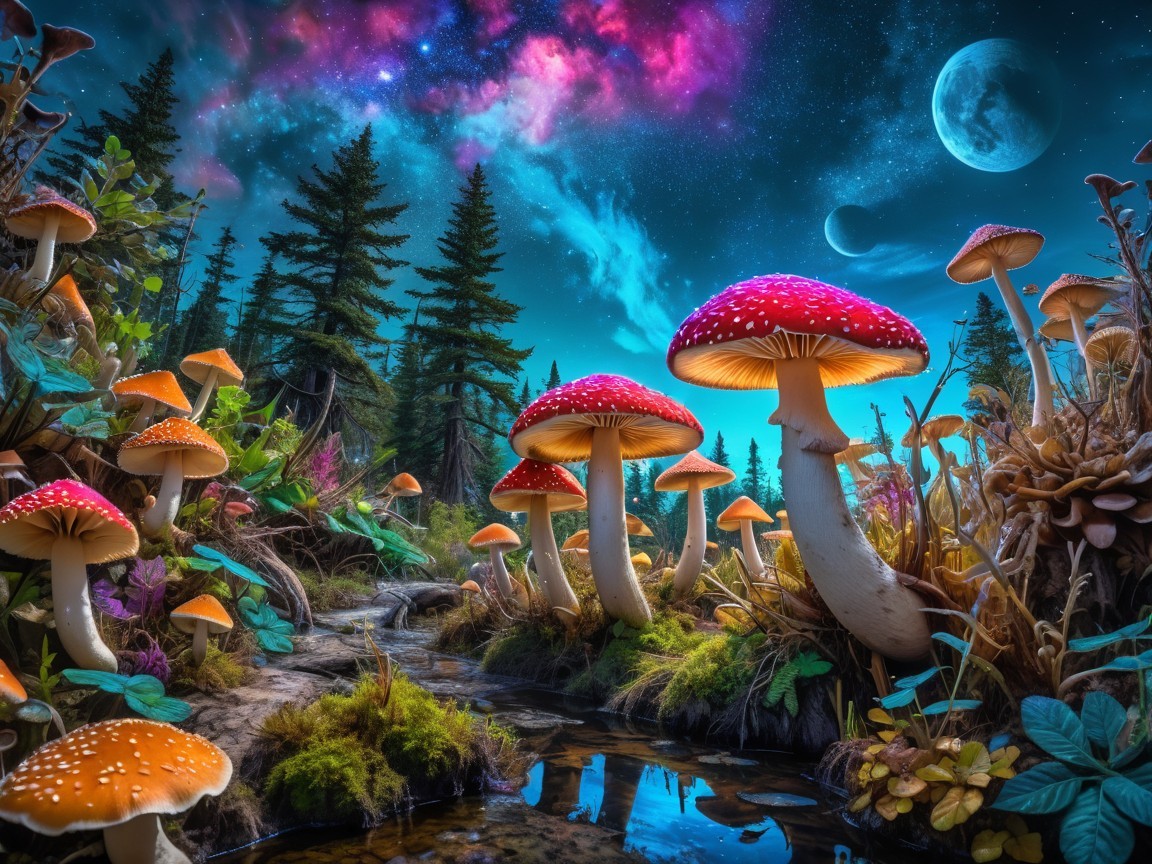 Vibrant Magical Forest with Colorful Mushrooms and Stream