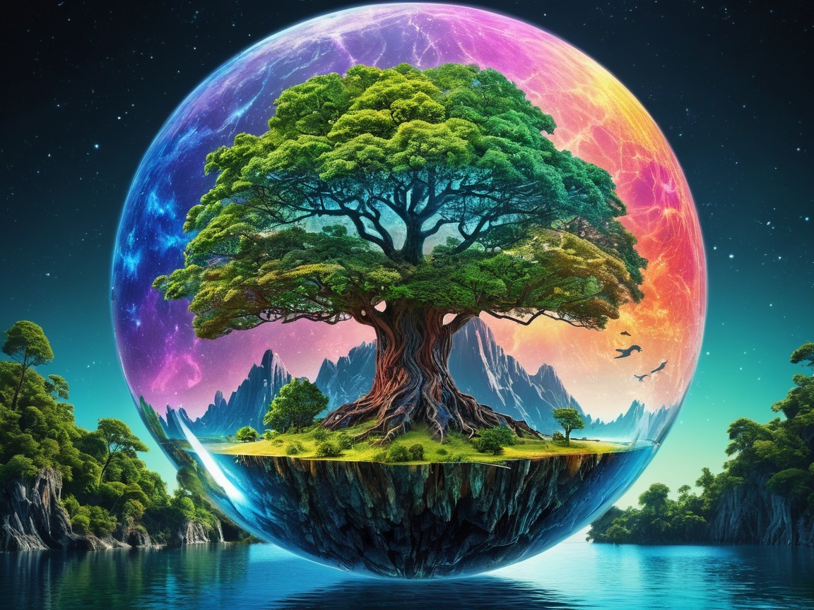 Majestic tree on a floating island with cosmic backdrop