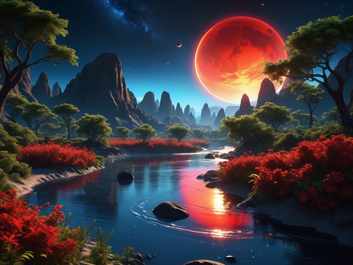 Alien Landscape with Mountains and Red Moon Reflection