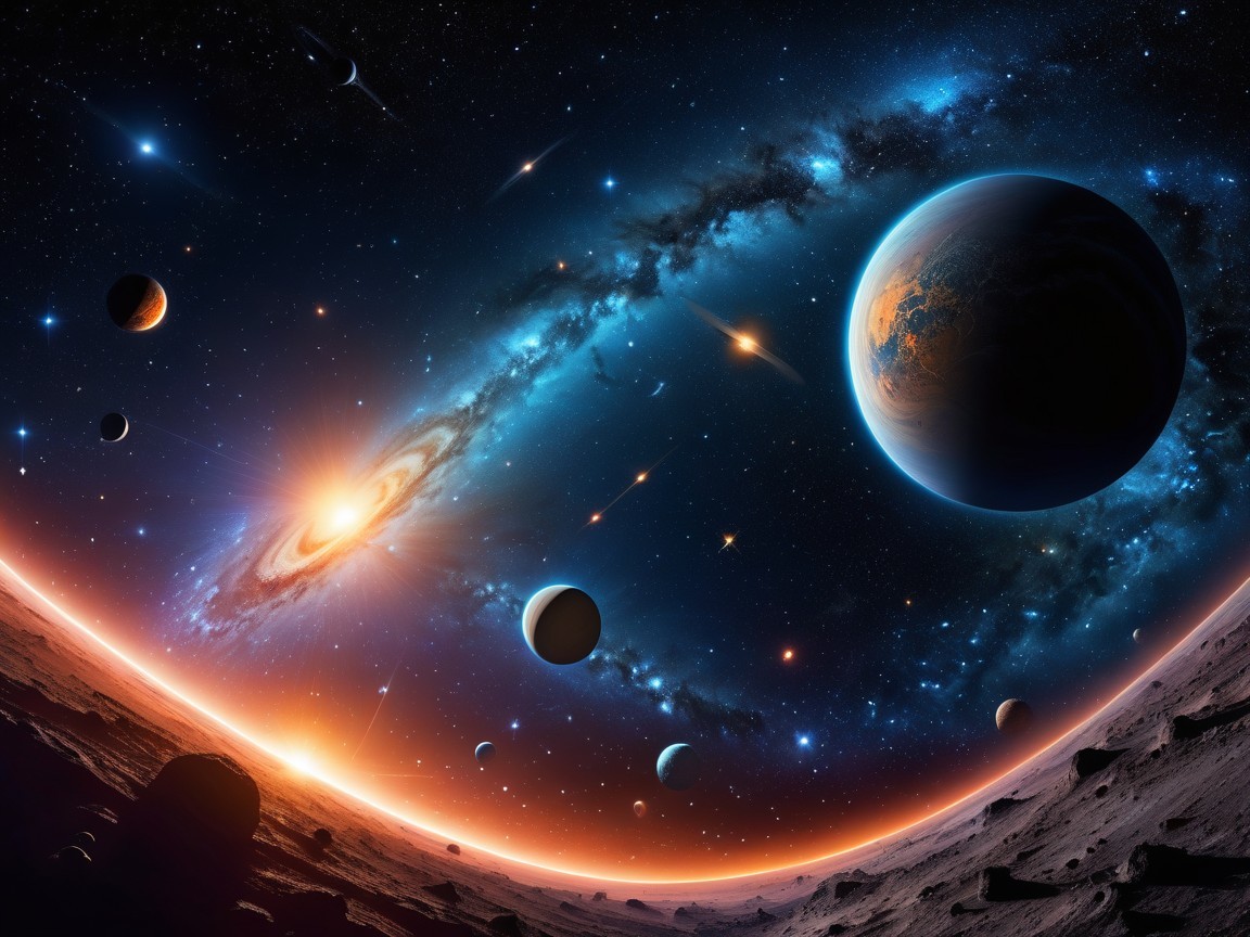 Vibrant Cosmic Scene with Swirling Galaxy and Planets