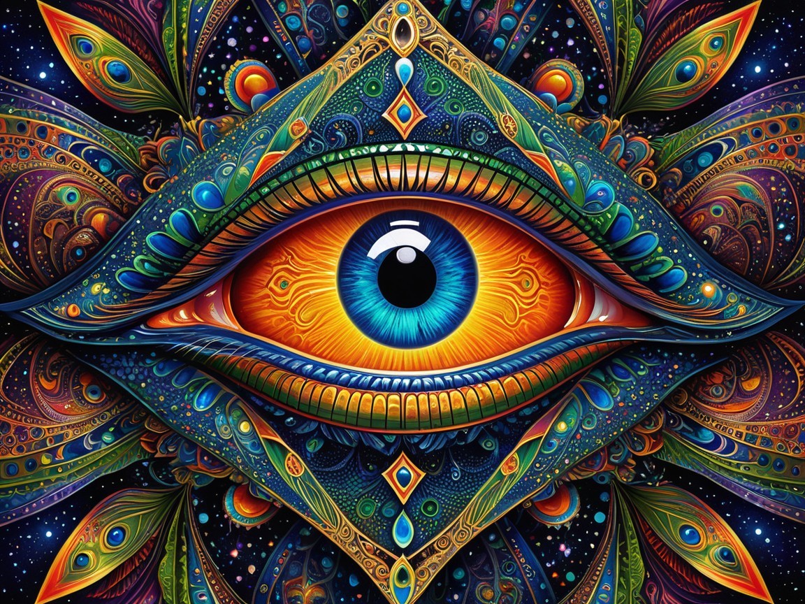 Vibrant Eye Surrounded by Psychedelic Patterns and Colors