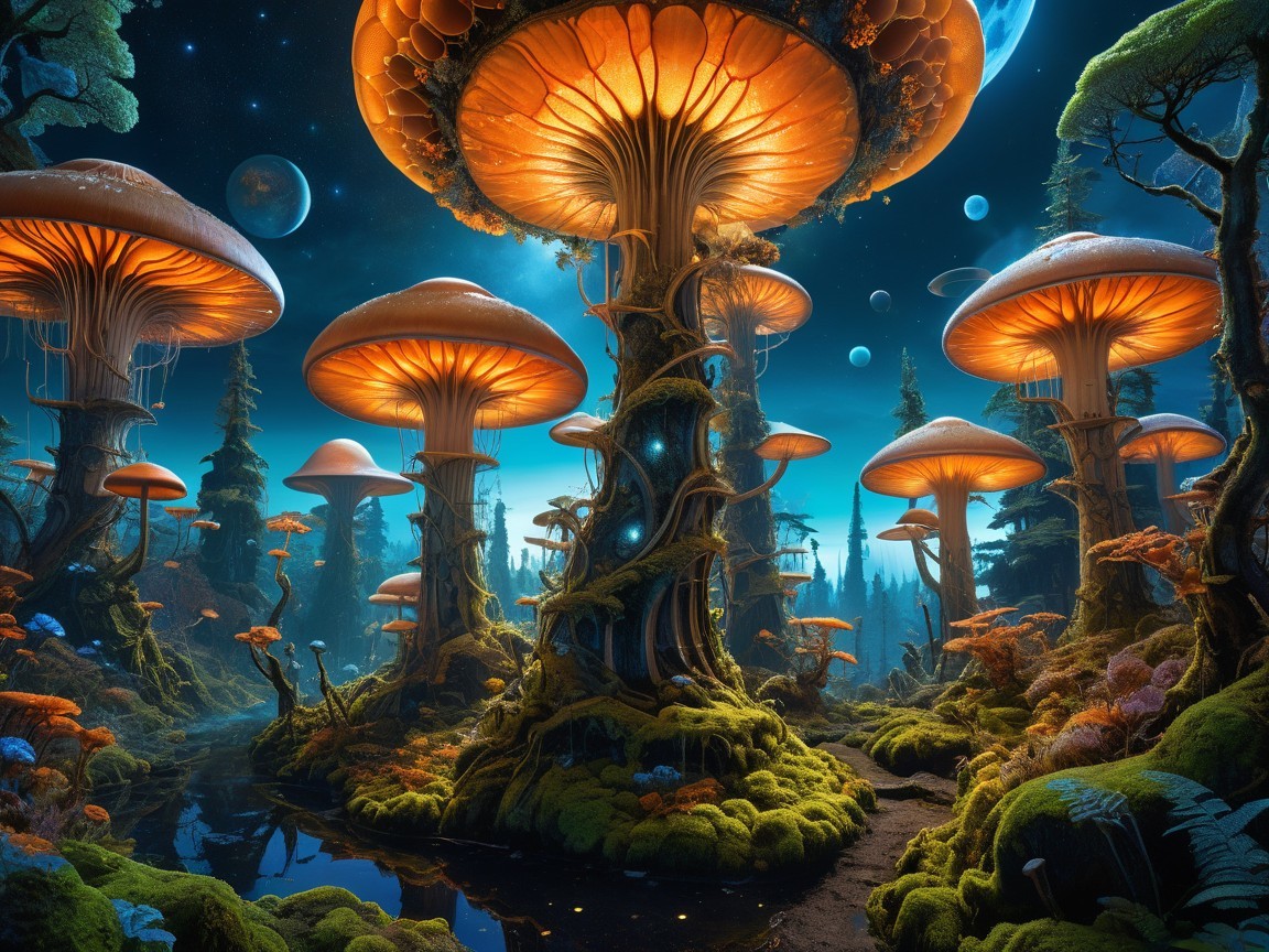Alien Landscape with Luminescent Mushrooms and Stars