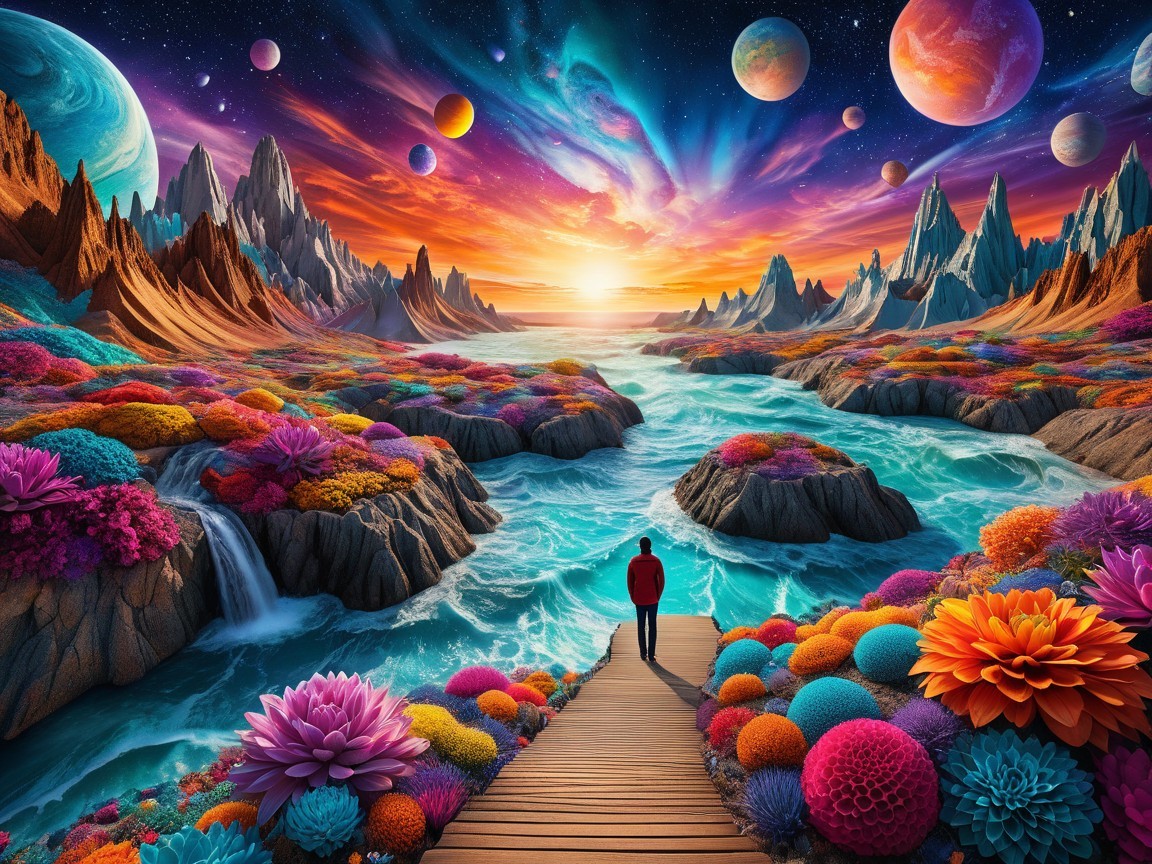 Surreal Landscape with Vibrant Flowers and Sunset