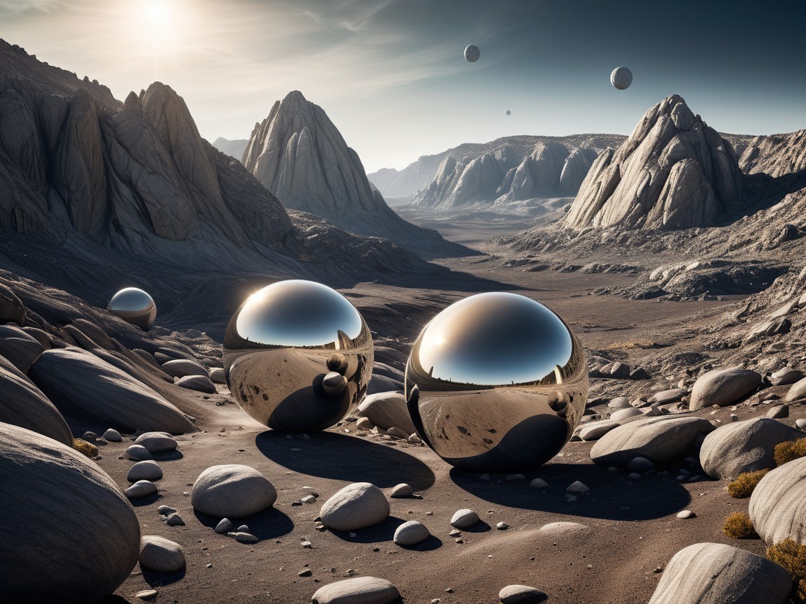 Surreal landscape with reflective spheres and mountains