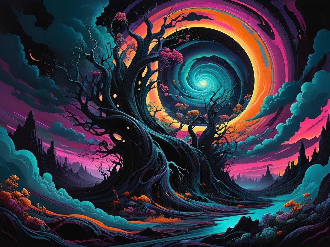 Surreal Landscape with Twisted Tree and Vivid Sky