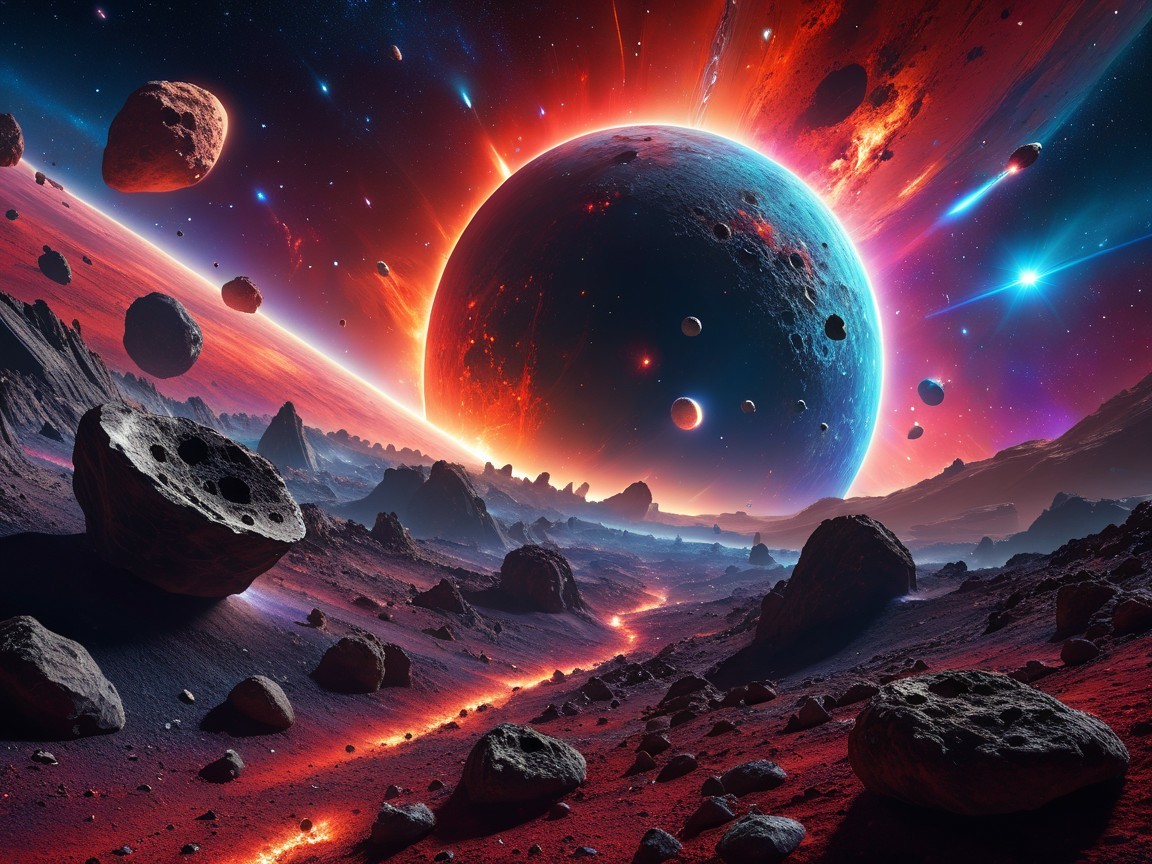 Vibrant Planet with Glowing Rings and Moons in Space