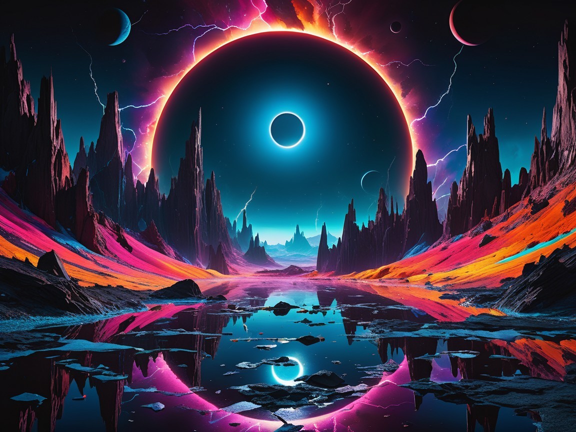 Extraterrestrial Landscape with Vibrant Colors and Eclipse